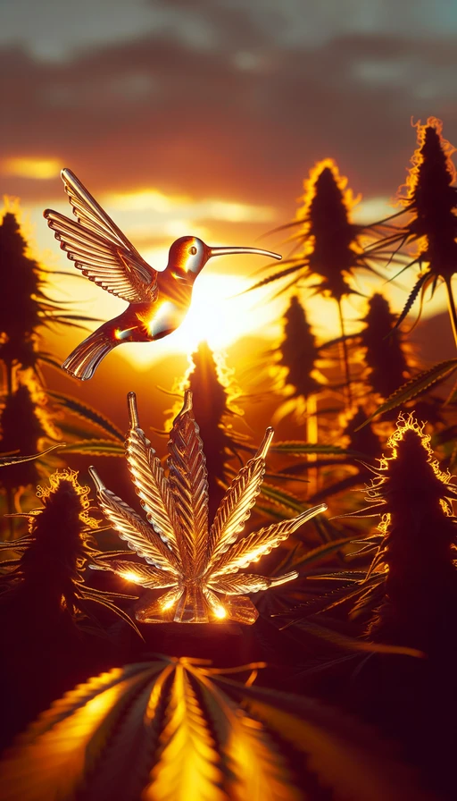 Un colibrí de cristal revolotea entre flores de cannabis iluminadas por un amanecer dorado. Modo vertical.