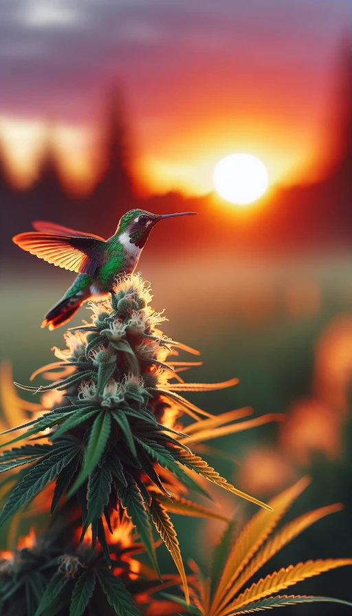 Un colibrí brillante posado sobre una planta de cannabis floreciente, con un fondo difuminado en tonos de atardecer. Modo vertical.