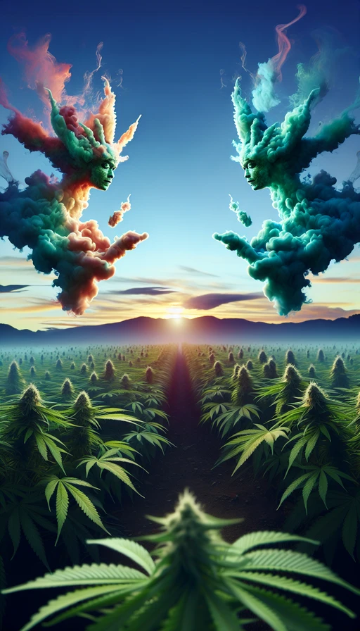 Un paisaje surrealista donde nubes de humo toman la forma de criaturas fantásticas, flotando sobre un mar verde de cannabis al amanecer. Modo vertical.