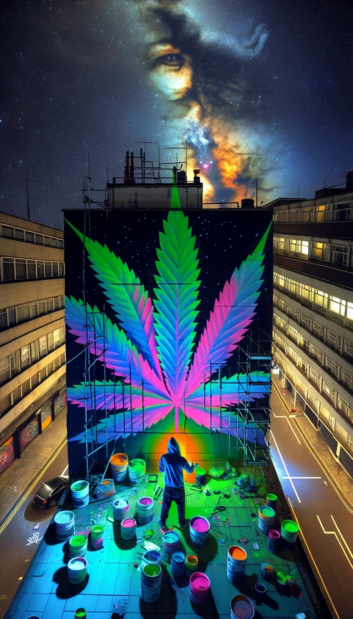 Imagina una escena urbana donde un grafitero pinta murales inspirados en hojas de cannabis. Usa luces de neón y un cielo estrellado para darle un toque mágico. Modo vertical.