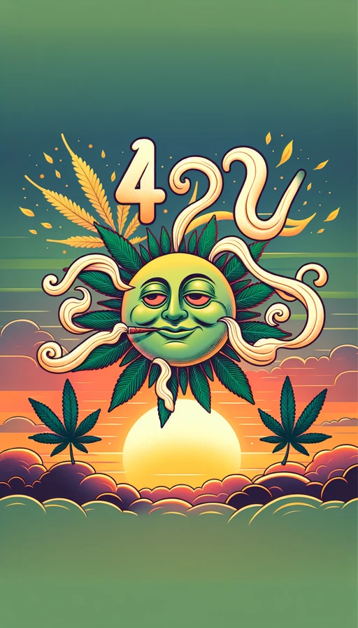 Un sol brillante en tonos verdes y amarillos, con una cara relajada y adormilada, flota en un cielo de atardecer. Humo blanco suave serpentea alrededor, formando cuidadosamente los números "420" sobre un telón de fondo de hojas de cannabis estilizadas. Modo vertical.