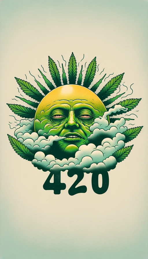 Un sol verde y amarillo con un rostro relajado y soñoliento que ilumina el horizonte. A su alrededor, nubes de humo forman claramente el texto "420". La imagen es vertical y destaca por su estilo artístico y onírico.
