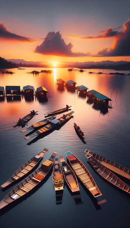 Un mercado flotante sobre un lago tranquilo, donde pequeñas barcas venden productos elaborados con cáñamo. El sol se pone en el horizonte, tiñendo el cielo de tonos cálidos. Modo vertical.