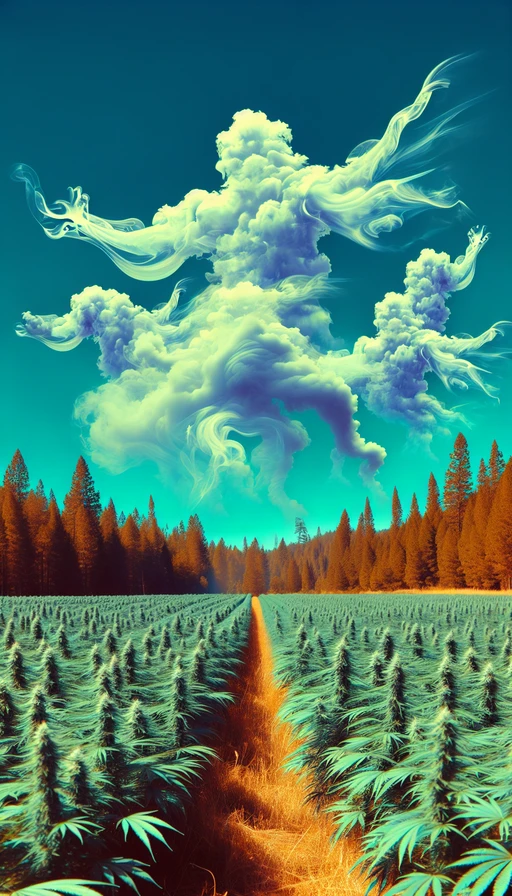 Un paisaje surrealista donde nubes de humo se convierten en espíritus danzantes, flotando sobre un campo de cannabis. Modo vertical.
