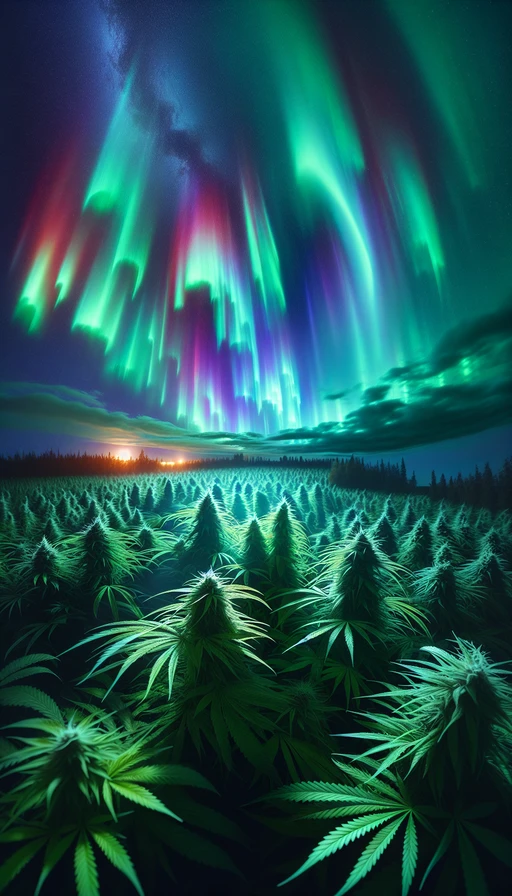 Campos de cannabis iluminados por una aurora boreal. Crea un ambiente mágico con toques de surrealismo. Modo vertical.
