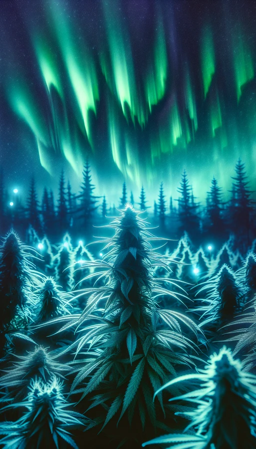 Un jardín místico de cannabis bajo un cielo de auroras boreales, donde las hojas brillan como si estuvieran cubiertas de estrellas. Modo vertical.
