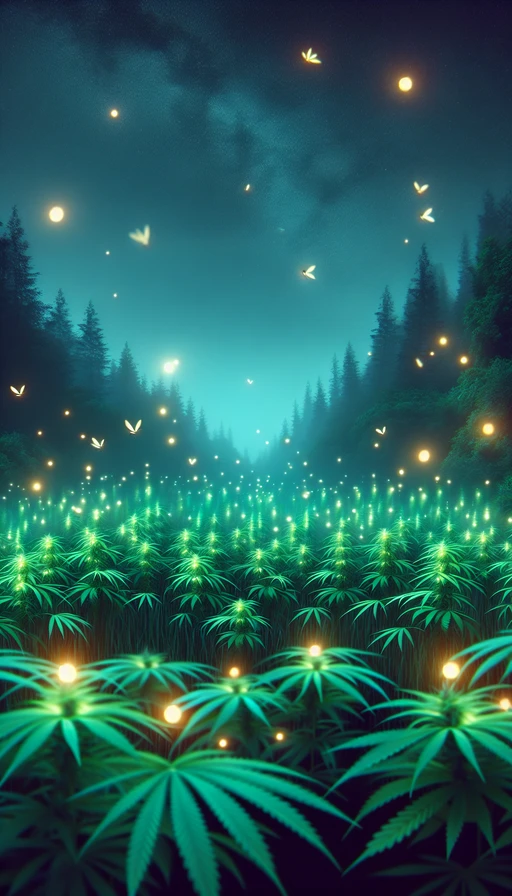 Un paisaje nocturno en el que aparecen luciérnagas iluminando un campo de cannabis en crecimiento. Modo vertical y artístico.