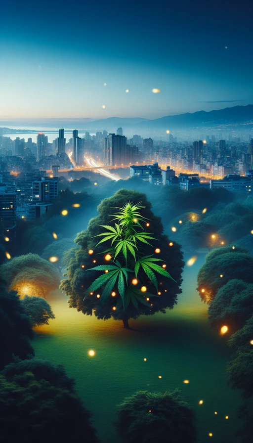 Un paisaje urbano al anochecer con un parque donde destaca un árbol de cannabis iluminado por luciérnagas. Modo vertical.