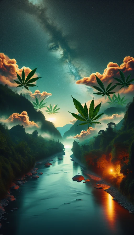 Un paisaje surrealista donde grandes hojas de cannabis flotan como nubes sobre un río luminoso. Modo vertical.