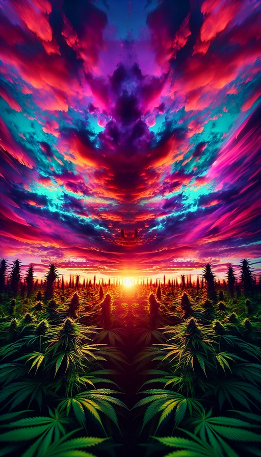 Un atardecer psicodélico sobre un campo de cannabis. Modo vertical.