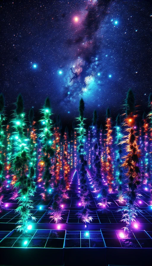 Un jardín celestial donde las plantas de cannabis brillan como estrellas. Modo vertical.