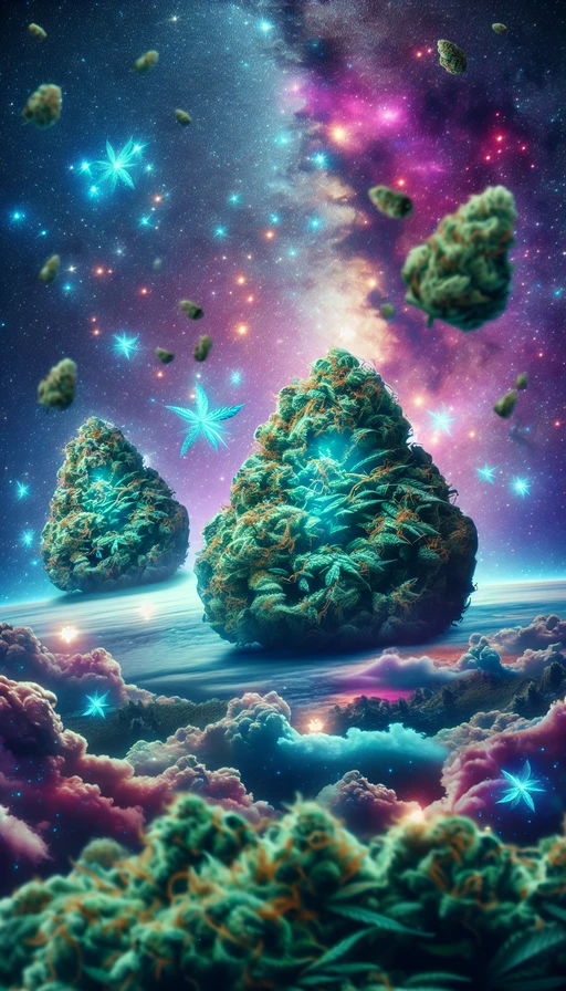Un paisaje surrealista donde enormes cogollos de cannabis flotan en un cielo estrellado. Modo vertical, con un toque de arte psicodélico.