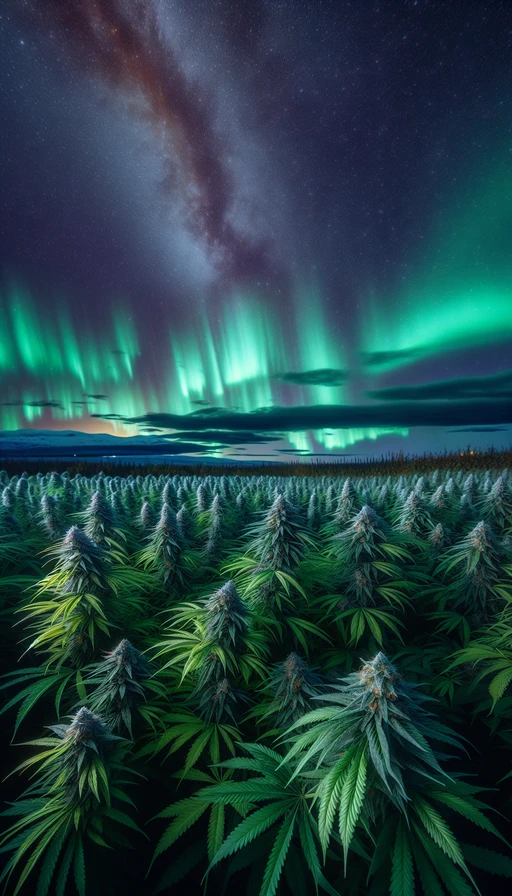 Un campo lleno de plantas de cannabis en flor bajo un cielo estrellado y auroras boreales. Modo vertical.