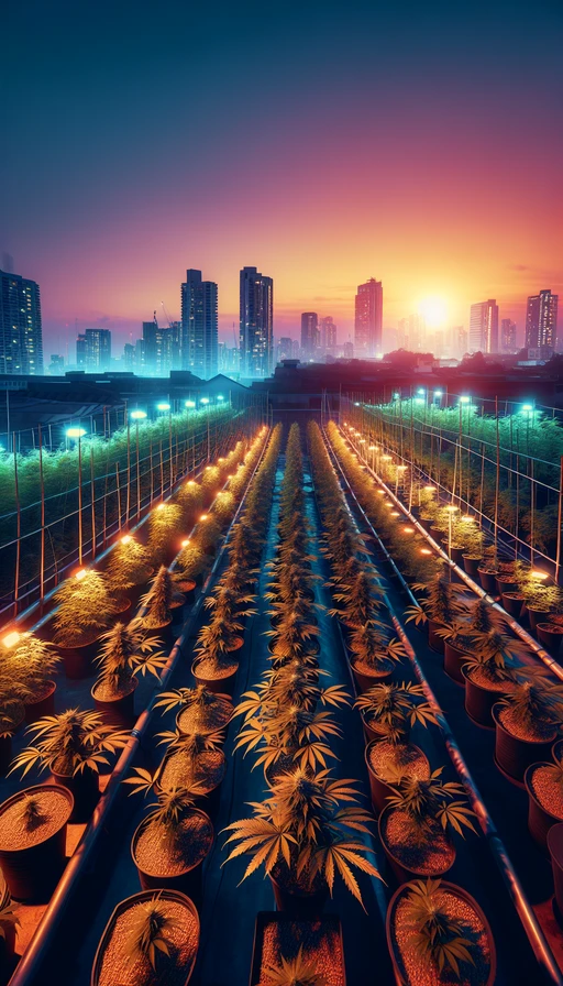 Un jardín de cannabis en una azotea urbana al atardecer, con luces de neón en el horizonte. Modo vertical.