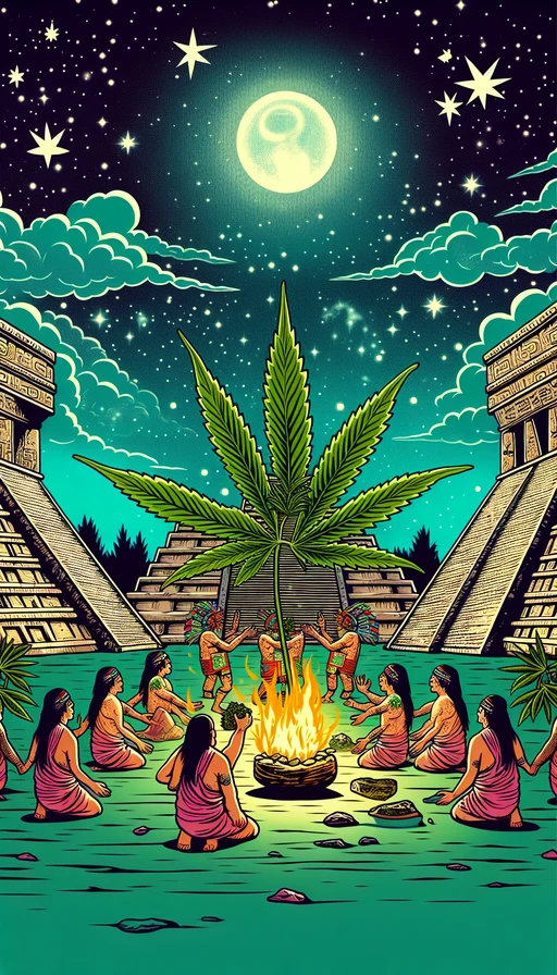 Una antigua civilización azteca que rinde culto a la planta de cannabis bajo un cielo estrellado. Modo vertical.
