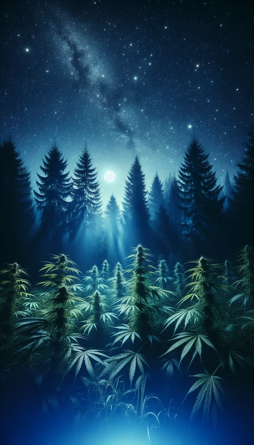 Un bosque encantado bajo la luz de la luna, donde las hojas de cáñamo brillan como estrellas. Modo vertical.