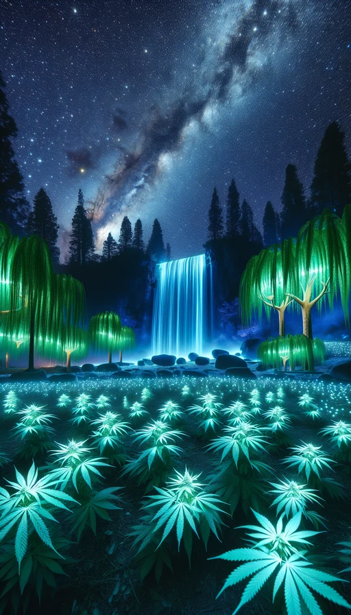Un jardín en el que brota una cascada de hojas de cannabis luminiscentes bajo un cielo estrellado. Modo vertical.