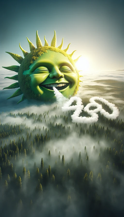 Un sol verde y amarillo con un rostro sonriente y soñador, emergiendo sobre un paisaje nebuloso. De la boca del sol surge humo que forma, de manera clara y precisa, el número "420". La escena transmite la esencia del relax y la tranquilidad en un contexto artístico. Modo vertical.
