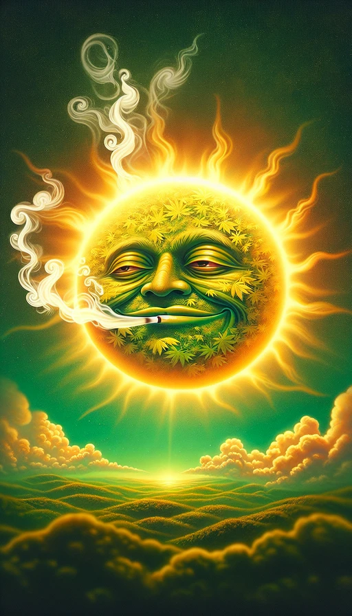 Un sol verde y amarillo con un rostro relajado emerge en el horizonte, envolviendo todo con una cálida y psicodélica luz. Rizos de humo blanco flotan suavemente en el aire, formando con precisión el número "420". La imagen captura un momento de serenidad y conexión con la naturaleza, destacando la hora mágica para muchos. Modo vertical y artístico.