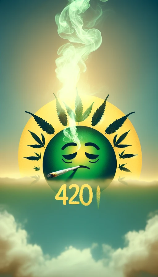 Un sol verde y amarillo con cara soñolienta se eleva en el horizonte. El humo forma el texto "420" en el cielo. Modo vertical y con un toque artístico y onírico.