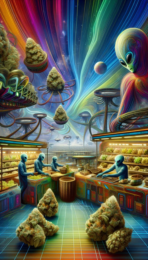 Un mercado clandestino en un universo alternativo donde artesanos extraterrestres venden variedades exóticas de cannabis. Estilo futurista con tonos vibrantes y elementos surrealistas. Modo vertical.