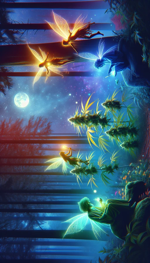 Una escena mágica de un bosque encantado, donde hadas luminosas cuidan delicadamente plantas de cannabis que brillan suavemente bajo la luz de la luna. Modo vertical.