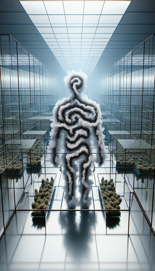 Un laberinto de cristal con caminos de humo de cannabis formando una figura surrealista. Modo vertical.