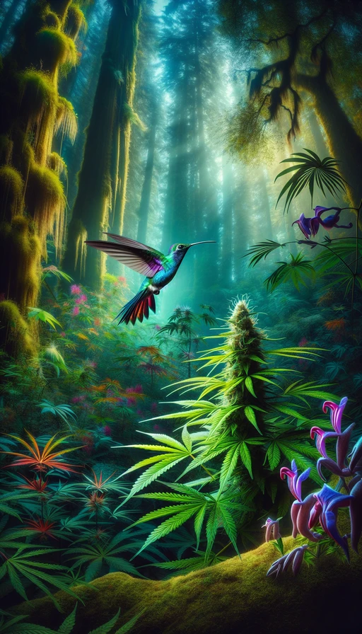 Un majestuoso colibrí de colores vibrantes volando alrededor de una planta de cannabis en una jungla mágica. Modo vertical.