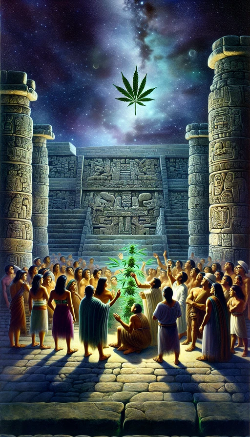 Una escena onírica de una antigua civilización maya descubriendo los secretos de la planta del cannabis bajo un cielo estrellado. Modo vertical.