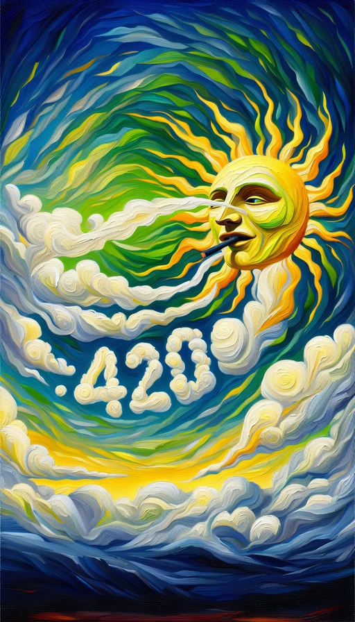 Un sol verde y amarillo con rostro relajado iluminando un cielo surreal. Nubes de humo forman el texto "420" con precisión en el aire. Estilo artístico abstracto. Modo vertical.