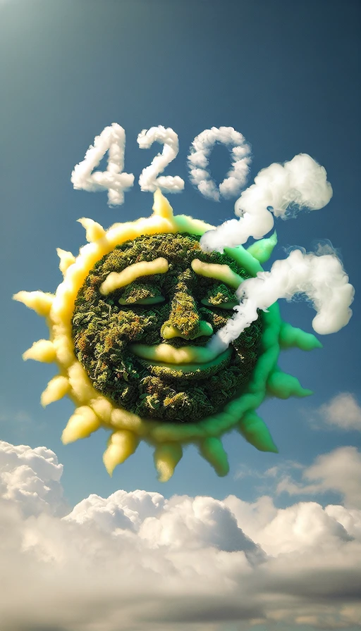 Un sol verde y amarillo con rostro de somnolencia en el cielo. Las nubes de humo en el aire se entrelazan formando con precisión el número "420". Modo vertical, enfoque en la creatividad y el arte.