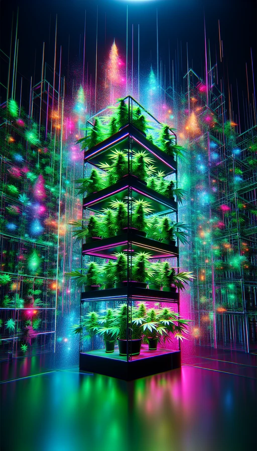 Un invernadero futurista lleno de plantas de cannabis bajo luces de neón, con trazos abstractos y colores vibrantes. Modo vertical.