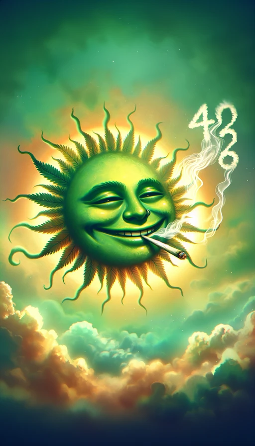 Un sol verde y amarillo con un rostro risueño, elevado por la relajación. De su sonrisa emanan ligeras nubes de humo, que lentamente se transforman en el número "420" en el cielo despejado. Fondo etéreo y onírico, con un toque psicodélico. Modo vertical.