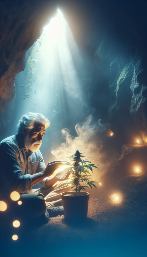 Un anciano sabio sentado en una cueva mística, rodeado de luces suaves y humo de incienso, mientras cultiva una planta de cannabis dorada que irradia energía. Modo vertical.