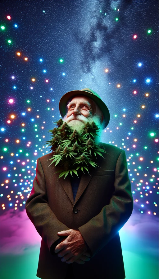Un anciano sabio con barba hecha de hojas de cannabis, bajo un cielo estrellado y con luces de colores. Modo vertical.