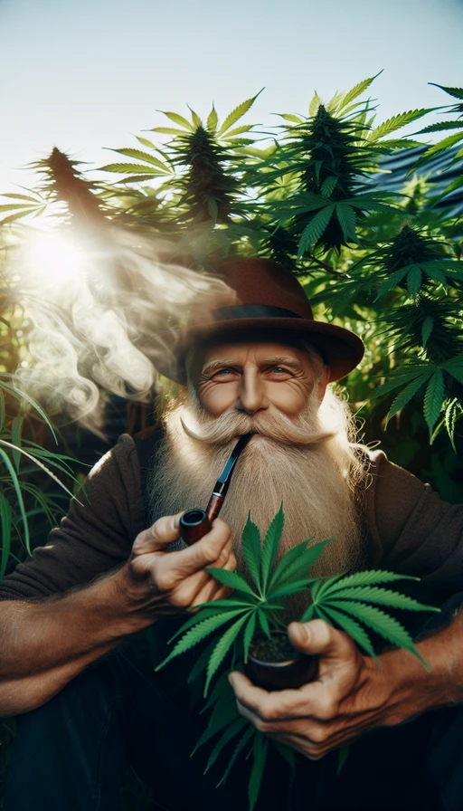 Un anciano sabio con barba y sombrero, sentado bajo una gran planta de cannabis, fumando una pipa. El sol se filtra a través de las hojas creando patrones de luz en su rostro. Modo vertical.