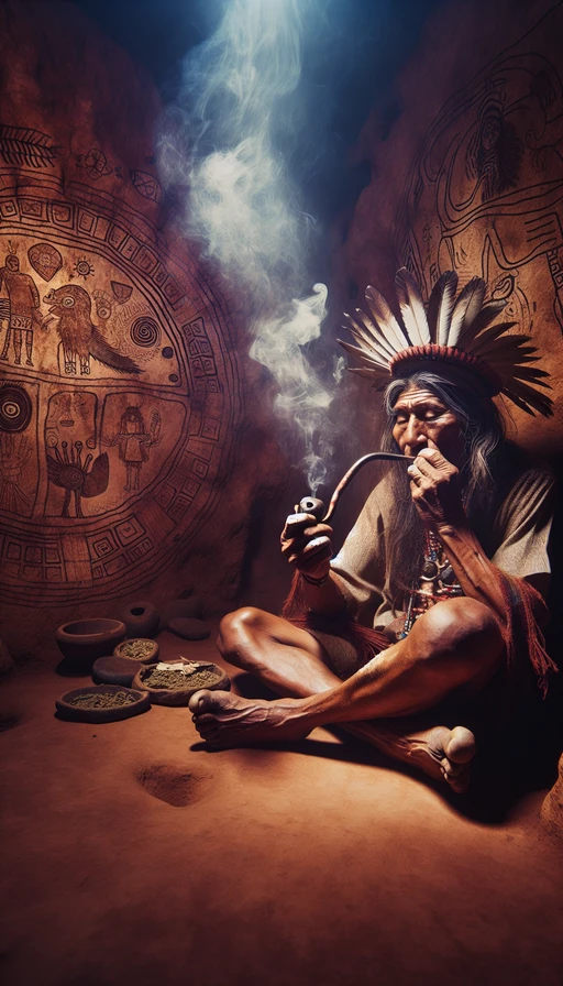 Un anciano chamán sudamericano sentado en su cueva, fumando una pipa de cannabis. A su alrededor, dibujos místicos en las paredes narran historias antiguas. Modo vertical.