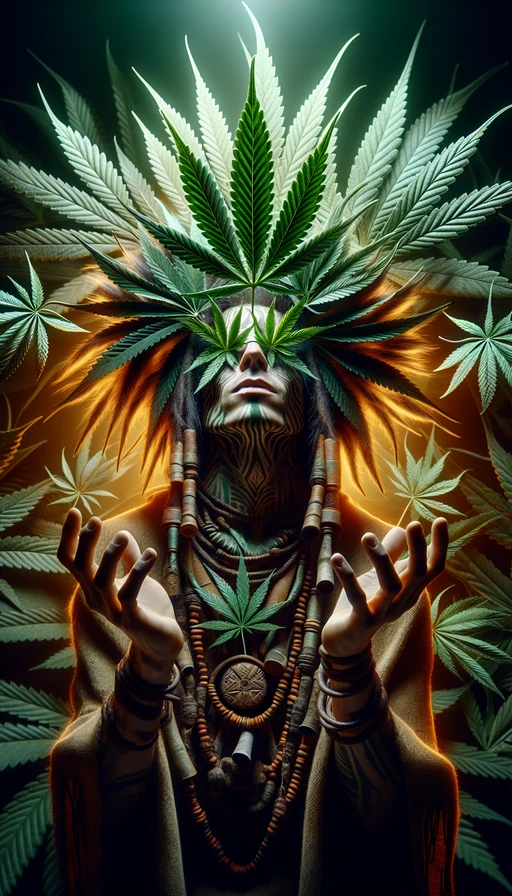 Retrato imaginativo de un chamán rodeado de hojas de cannabis, su energía conectada con la naturaleza. Modo vertical.