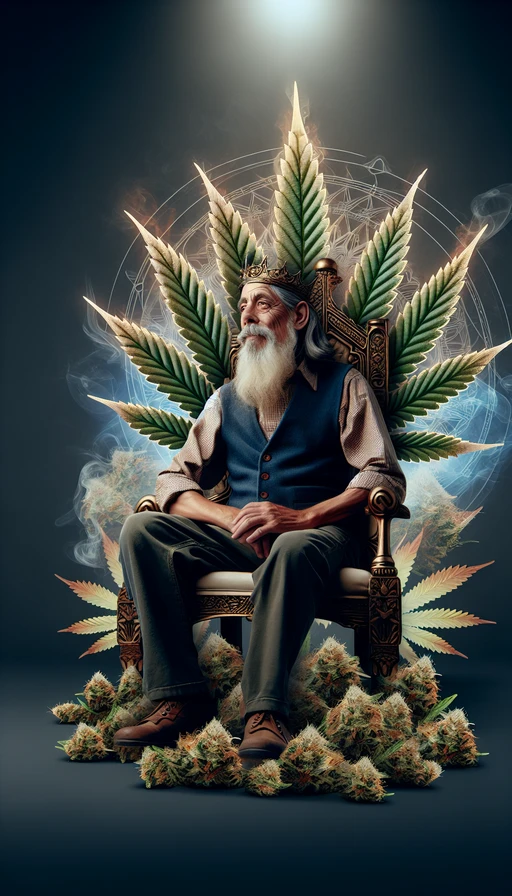 Un anciano sabio sentado en un trono hecho de hojas de cannabis, en un estilo místico y etéreo. Modo vertical.