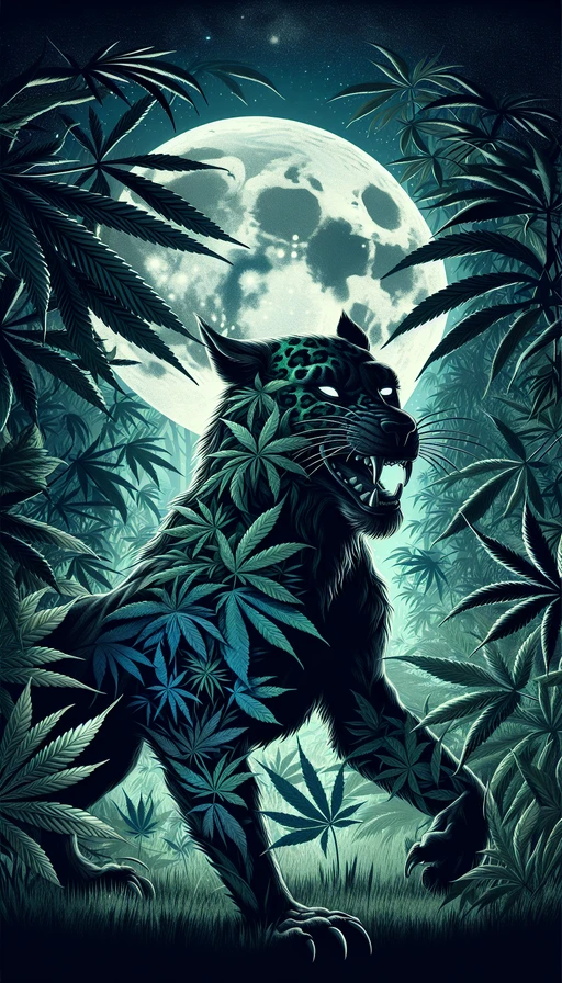 Una criatura mítica, mitad jaguar y mitad planta de cannabis, se oculta entre un denso bosque tropical. La luz de la luna atraviesa las hojas, creando un juego de sombras místicas. Modo vertical.