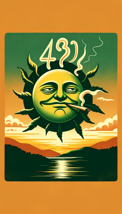 Un sol verde y amarillo, con rasgos relajados y ojos entornados, se alza sobre un horizonte de tonos cálidos. El humo que emana del sol forma suavemente las cifras "420" en el cielo, capturando un momento único y efímero. La imagen pide un diseño vertical para resaltar el arte del humo danzante.