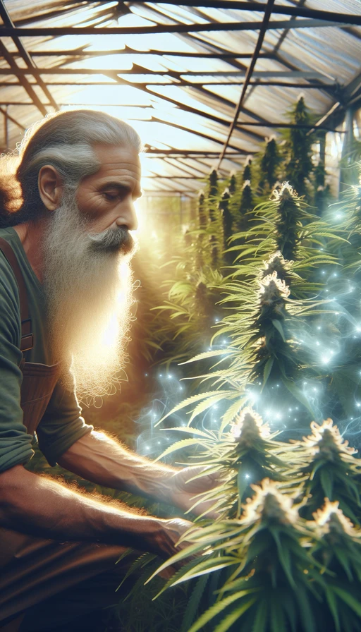 Un anciano sabio con barba larga cultivando plantas de cannabis en un invernadero místico, donde la luz solar crea patrones etéreos a través del vidrio, dándole un aire mágico. Modo vertical.