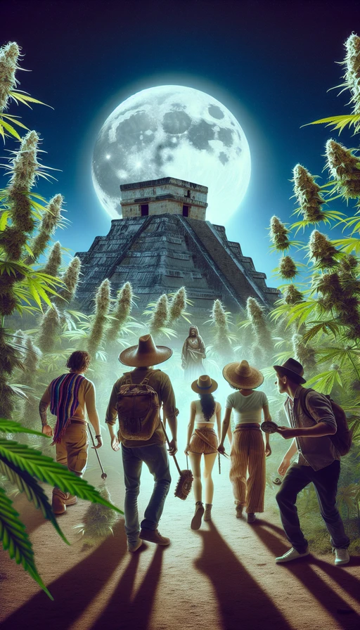 Un grupo de exploradores místicos descubre una antigua civilización escondida dentro de un frondoso bosque de cannabis iluminado por la luna. Modo vertical.