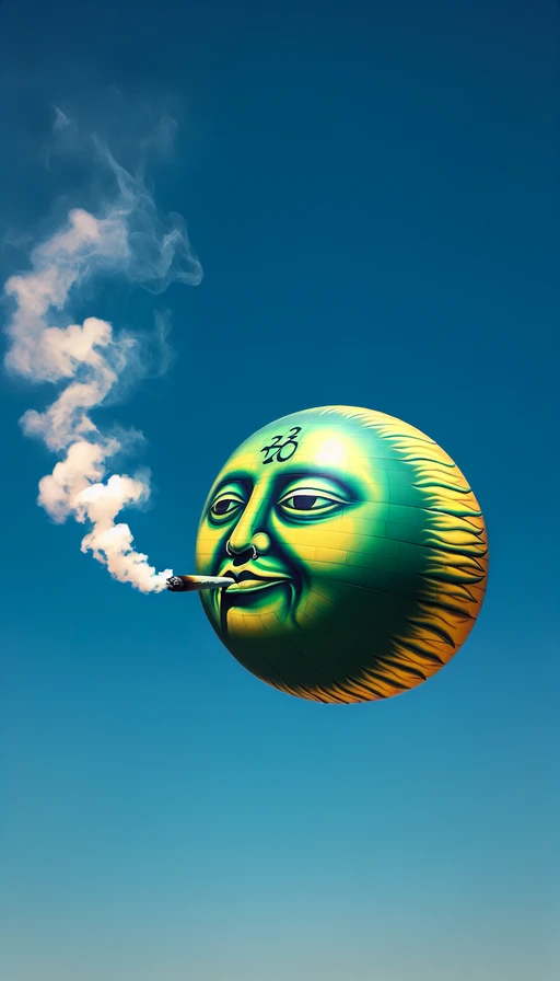 Un sol verde y amarillo con cara de relajado, flotando en un cielo claro. Desde su boca, sale humo que forma con precisión el número "420". Ajusta el modo a vertical para captar toda la esencia de un momento pacífico.