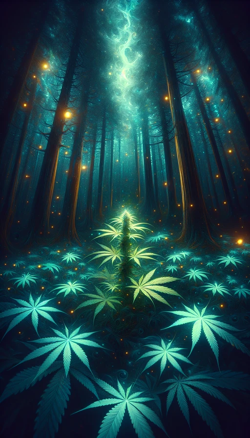 Un misterioso bosque nocturno donde las hojas de cannabis brillan con una luz mágica. Estilo onírico. Modo vertical.