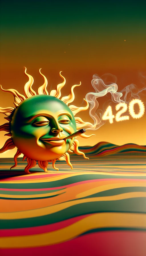 Un brillante sol verde y amarillo con una cara relajada flota en el cielo. Delicado humo forma el texto "420" en el aire. El fondo es un horizonte abstracto con tonos cálidos que hacen resaltar la calma del momento. Modo vertical.