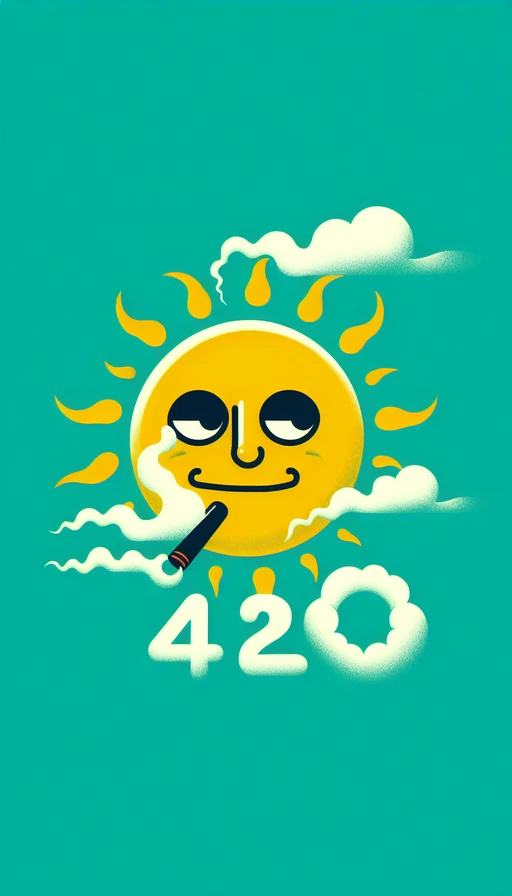 Un sol verde y amarillo en el cielo, con un rostro relajado y ojos semicerrados. Nubes de humo danceantes forman claramente el número "420" en el aire. Modo vertical.