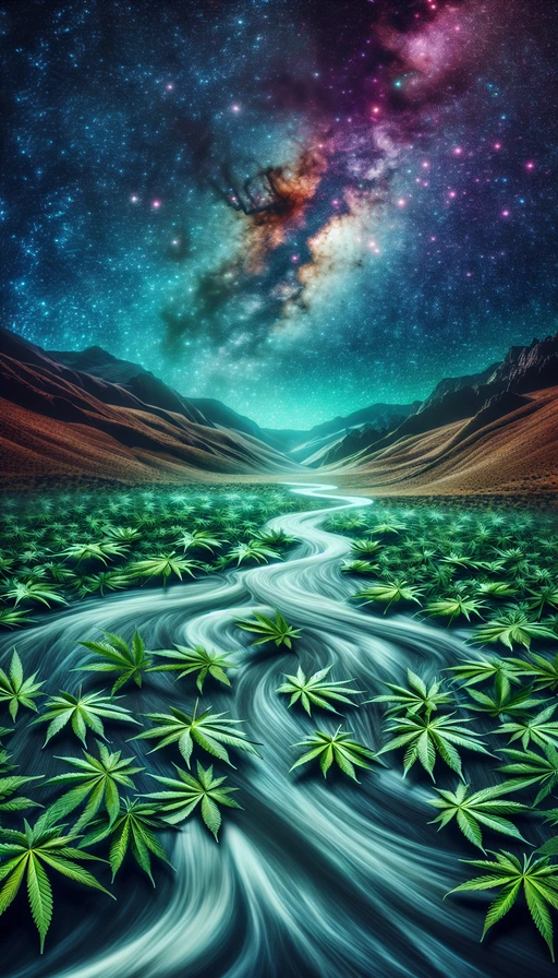 Un paisaje onírico donde un río de hojas de cannabis fluye bajo un cielo estrellado. Modo vertical.