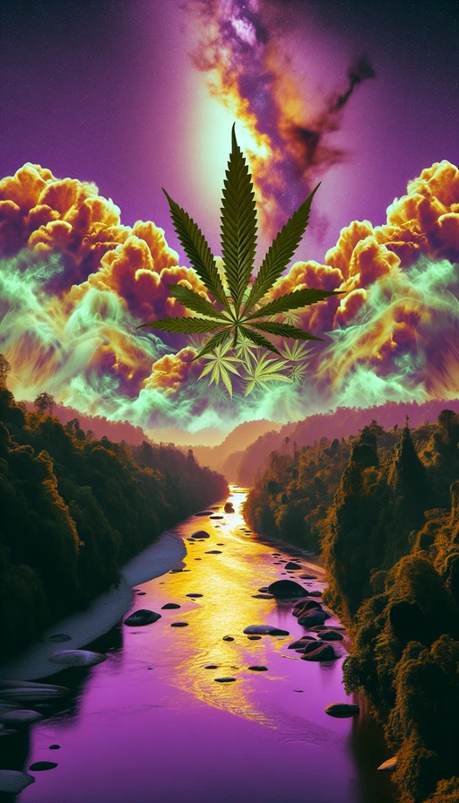 Un paisaje surrealista donde el cielo es de color púrpura y las nubes tienen forma de hojas de cannabis, mientras que un río dorado fluye a través de un bosque encantado. Modo vertical.