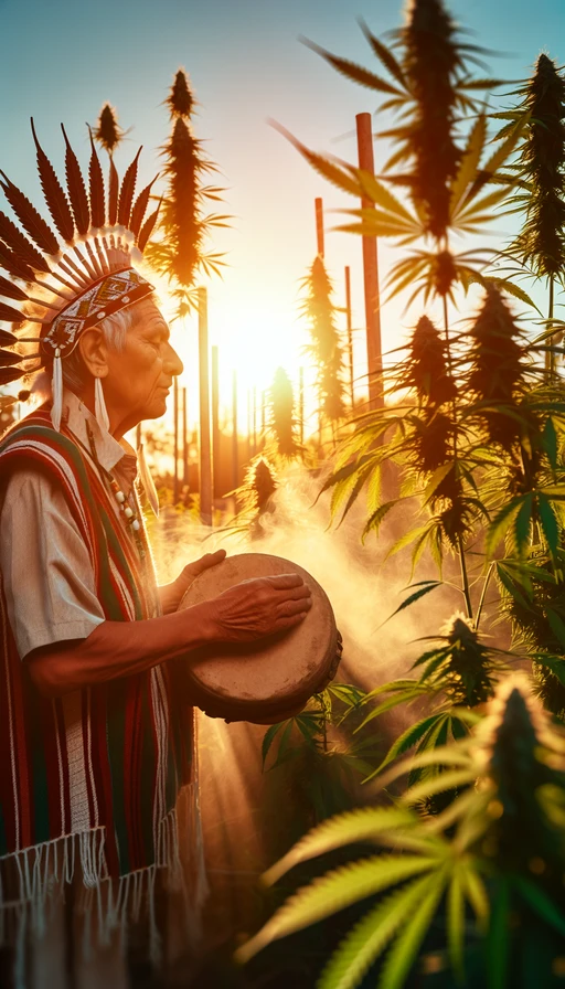 Un anciano chamán realizando un ritual al atardecer rodeado de plantas de cannabis que parecen resplandecer con la luz del sol. Modo vertical.
